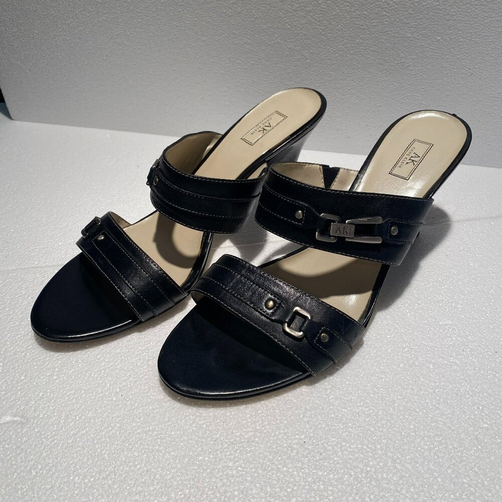 Anne Klein Malaram Black Leather Open Back Wedge Size 9
